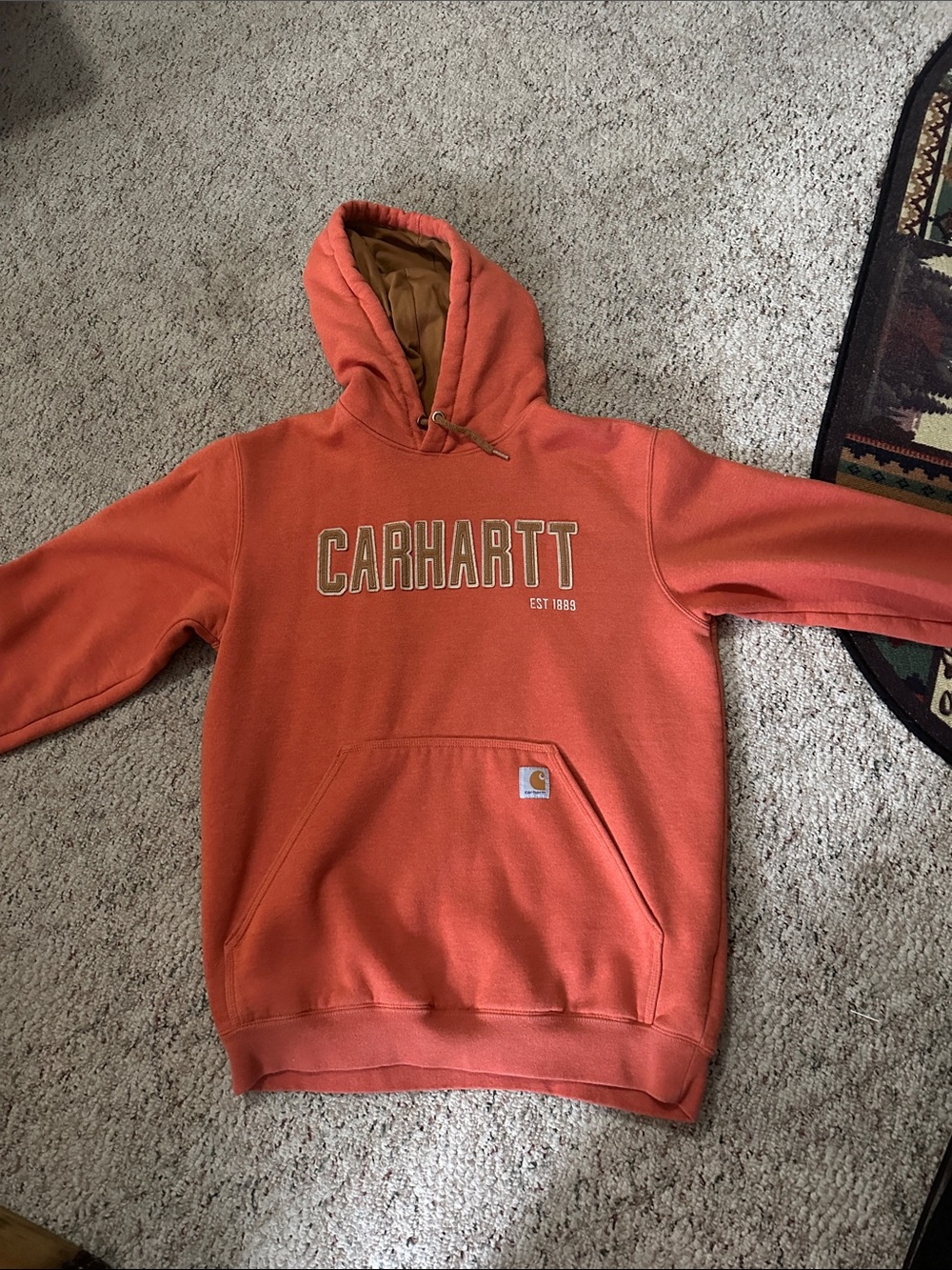 Carhartt Men's Coral-Orange Hooded Sweatshirt with Logo